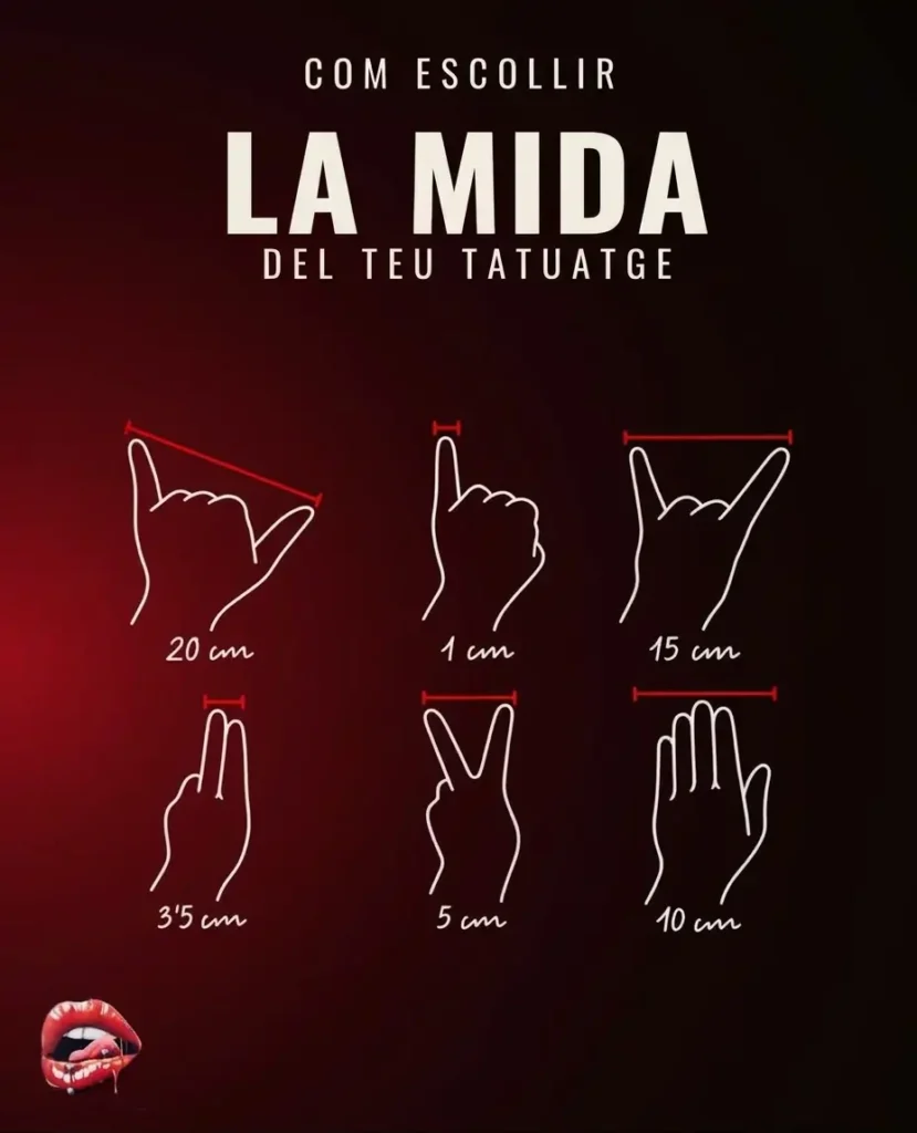 Guia de mides de tatuatges amb la mà com a referència: 1 cm, 3,5 cm, 5 cm, 10 cm, 15 cm i 20 cm