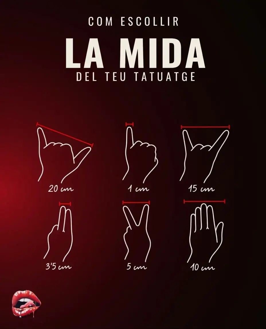 Guia de mides de tatuatges amb la mà com a referència: 1 cm, 3,5 cm, 5 cm, 10 cm, 15 cm i 20 cm
